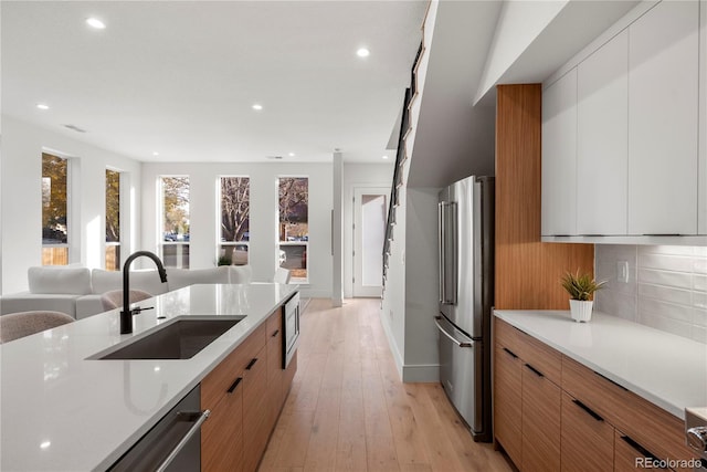 kitchen with sink, backsplash, appliances with stainless steel finishes, white cabinets, and light wood-type flooring