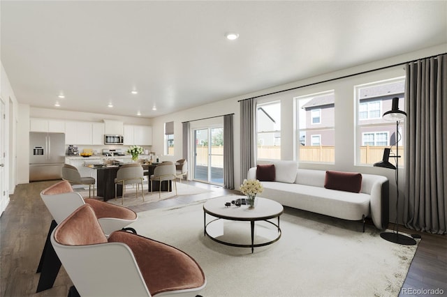 living room with dark hardwood / wood-style floors