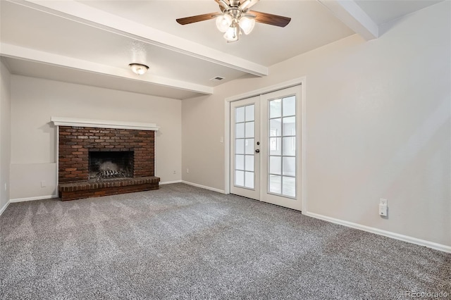 unfurnished living room featuring french doors, carpet flooring, beam ceiling, baseboards, and ceiling fan