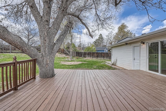 deck with a lawn and a fenced backyard