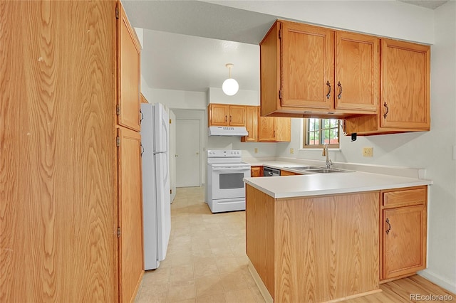 5275 Cody St, Arvada, CO 80002 - kitchen featuring white appliances, a peninsula, under cabinet range hood, light countertops, and brown cabinetry