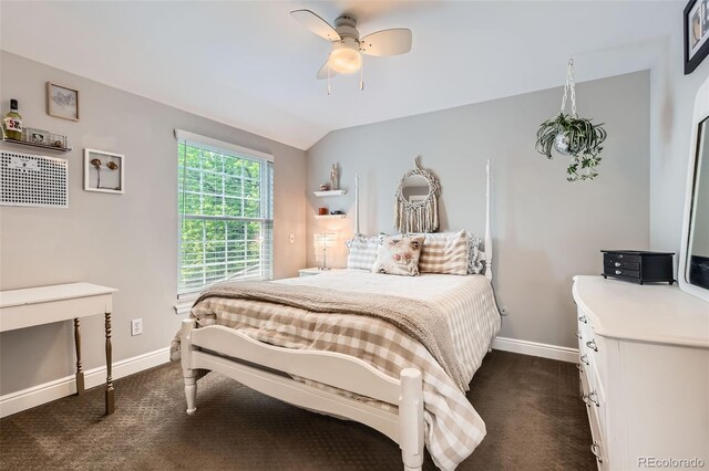 7708 S Krameria Ct, Centennial, CO 80112 - bedroom with dark colored carpet, baseboards, ceiling fan, and vaulted ceiling