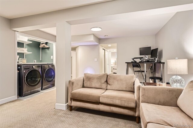 7708 S Krameria Ct, Centennial, CO 80112 - living room featuring washing machine and clothes dryer, carpet, and baseboards