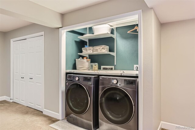 7708 S Krameria Ct, Centennial, CO 80112 - laundry room featuring separate washer and dryer, baseboards, and light carpet