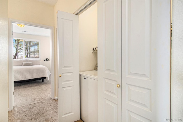 laundry area featuring laundry area, washer / clothes dryer, and light colored carpet