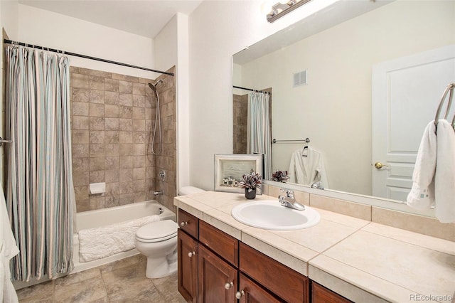 full bathroom with visible vents, shower / tub combo with curtain, toilet, and vanity