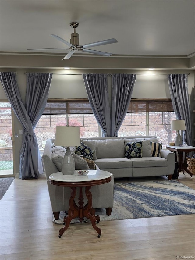 living area featuring a ceiling fan and wood finished floors