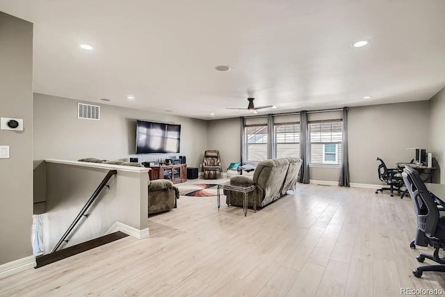 1815 Avery Way, Castle Rock, CO 80109 - living area featuring light wood-style floors, baseboards, a ceiling fan, and recessed lighting