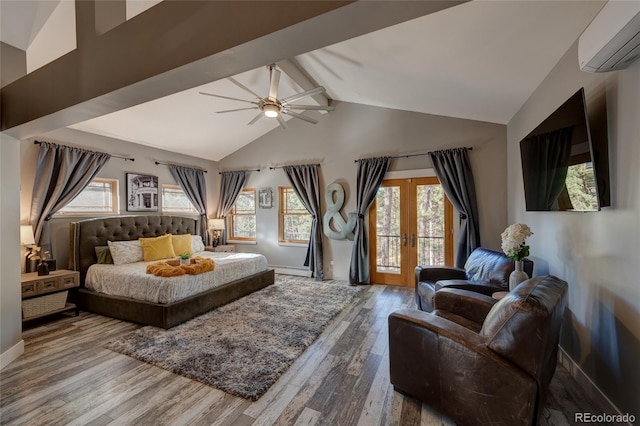 bedroom with wood-type flooring, lofted ceiling with beams, an AC wall unit, access to outside, and ceiling fan