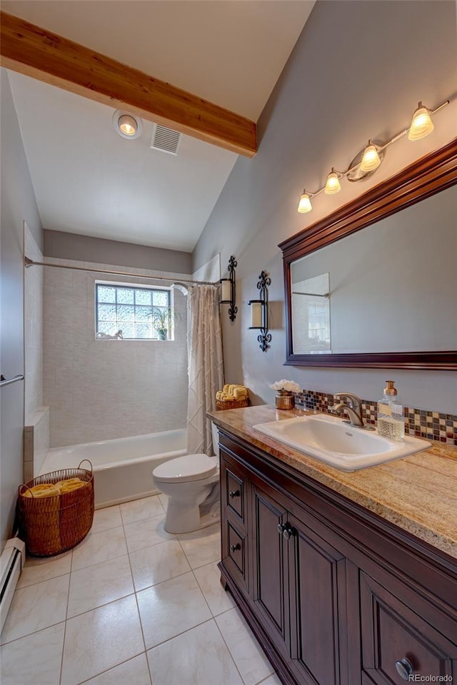 full bathroom featuring shower / tub combo with curtain, tile patterned floors, toilet, baseboard heating, and vanity