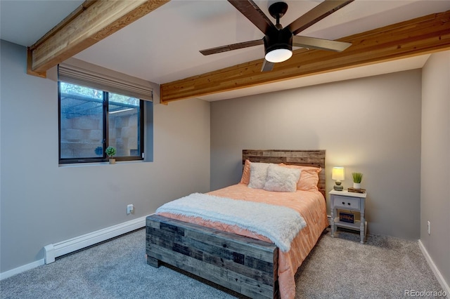 carpeted bedroom featuring beamed ceiling, a baseboard heating unit, and ceiling fan