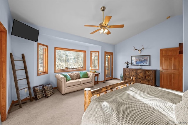 bedroom featuring lofted ceiling, visible vents, baseboards, access to exterior, and carpet