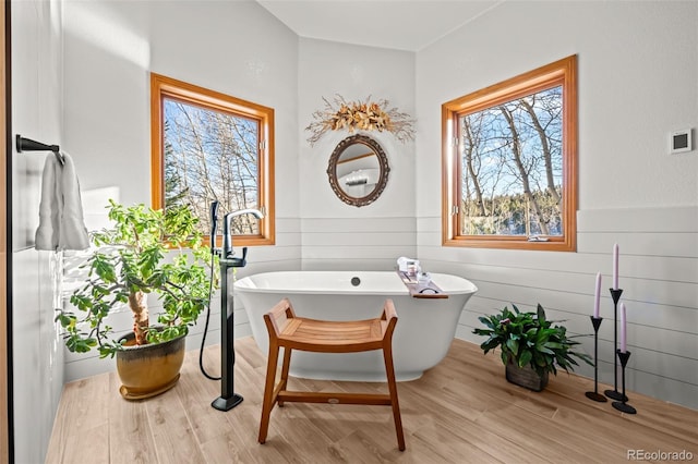 bathroom featuring wood finished floors, a freestanding bath, and wainscoting