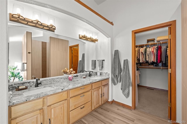 bathroom with wood finished floors, a sink, baseboards, a spacious closet, and double vanity