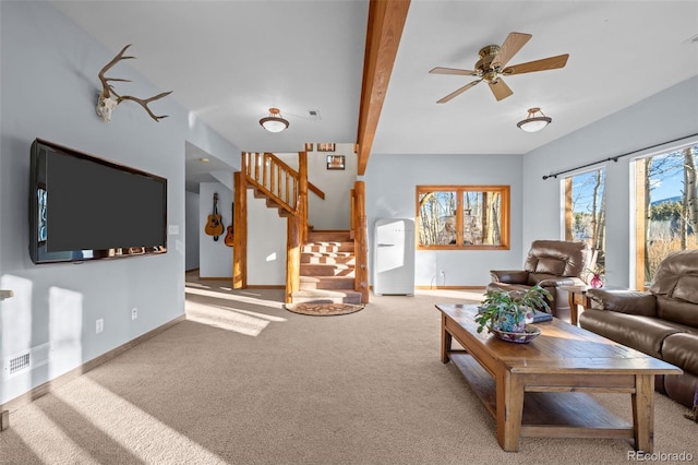 carpeted living room featuring baseboards, visible vents, stairway, and ceiling fan