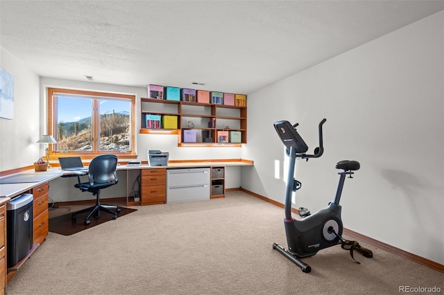 office with baseboards, a textured ceiling, and light colored carpet