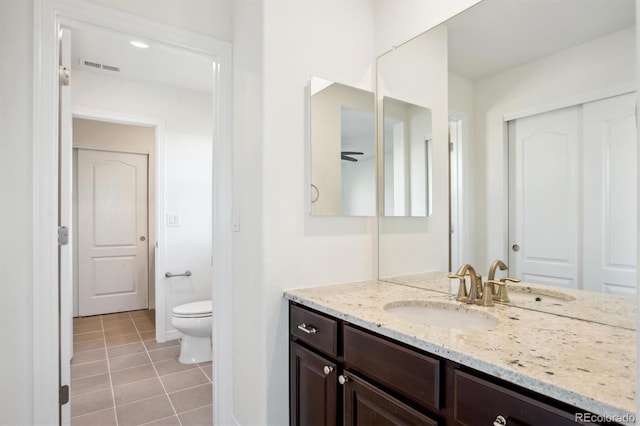 bathroom featuring tile patterned flooring, visible vents, toilet, and vanity