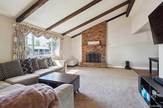 848 S 13th Ave, Brighton, CO 80601 - carpeted living room with beam ceiling, a textured ceiling, a fireplace, and high vaulted ceiling