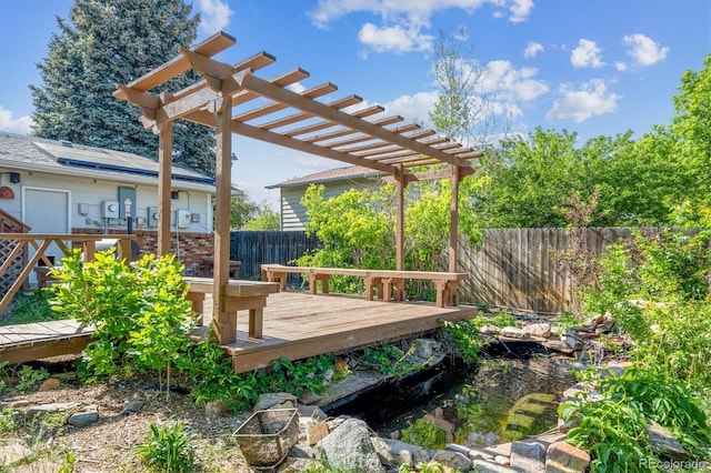848 S 13th Ave, Brighton, CO 80601 - wooden terrace with a pergola, a fenced backyard, and a garden pond