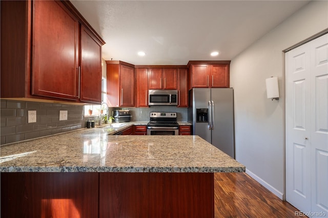 kitchen featuring sink, stainless steel appliances, dark wood-type flooring, light stone counters, and kitchen peninsula