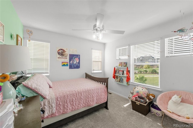 bedroom featuring carpet floors and ceiling fan