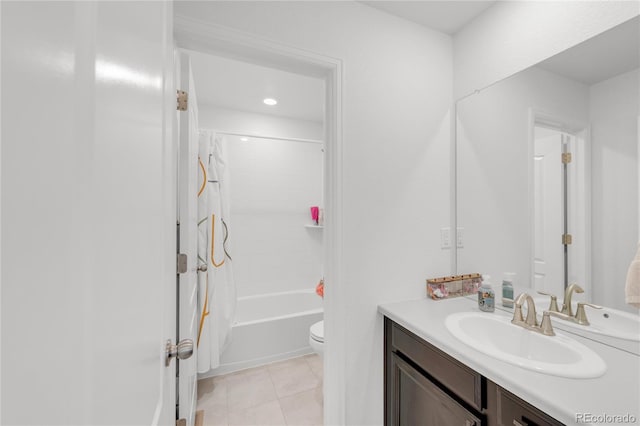 full bathroom featuring shower / bath combination with curtain, vanity, toilet, and tile patterned flooring