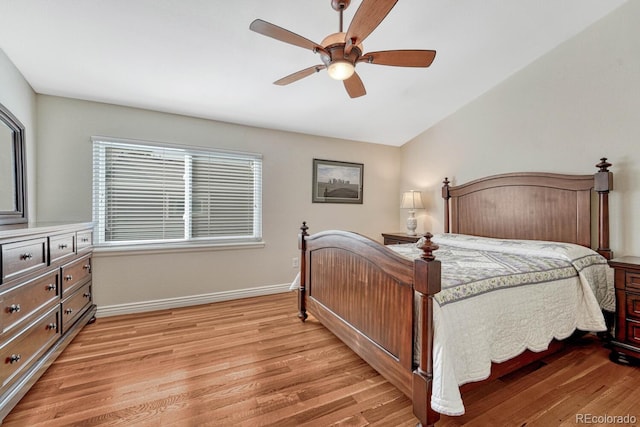 bedroom with baseboards, light wood-type flooring, and ceiling fan