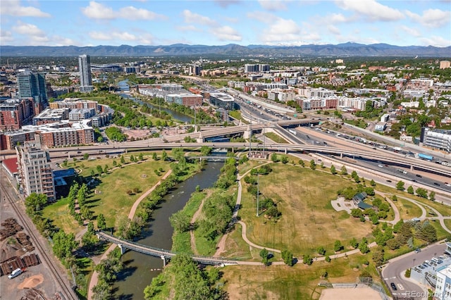 drone / aerial view featuring a mountain view