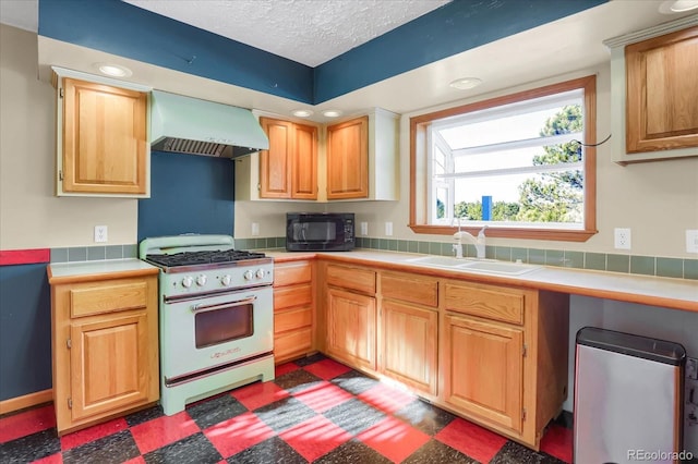 kitchen with gas range gas stove, sink, wall chimney exhaust hood, and a textured ceiling