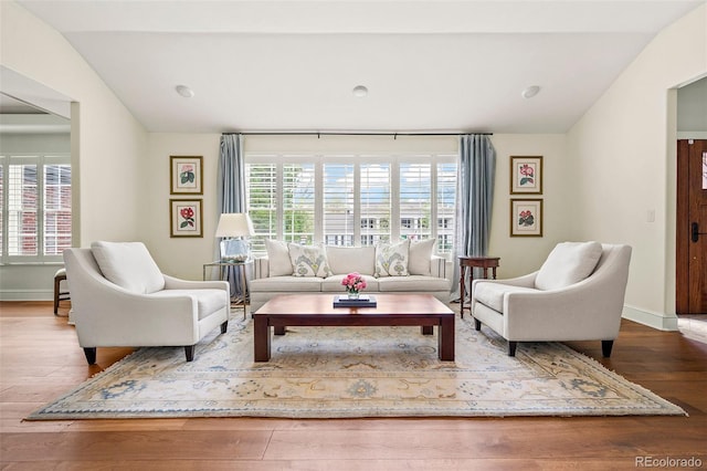 living area featuring baseboards, wood finished floors, and vaulted ceiling