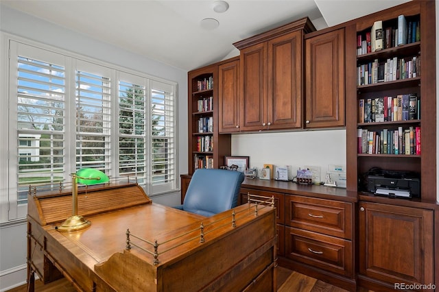 office with dark wood-type flooring