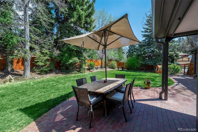 view of patio featuring a fenced backyard and outdoor dining space