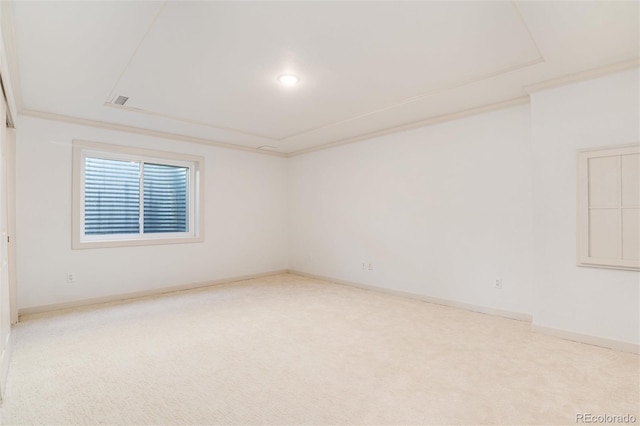 carpeted empty room with a raised ceiling and crown molding