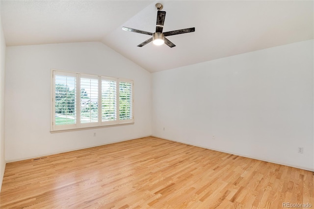 unfurnished room featuring light wood-type flooring, ceiling fan, and lofted ceiling