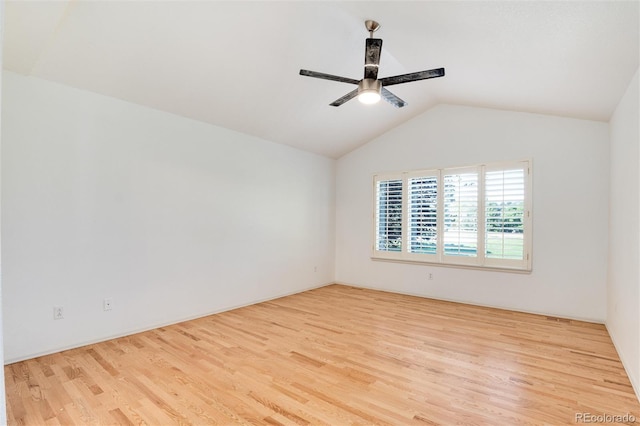 empty room with light hardwood / wood-style floors, vaulted ceiling, and ceiling fan