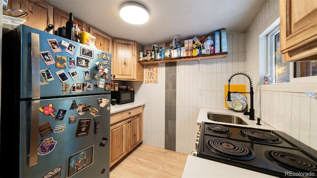 kitchen featuring light hardwood / wood-style flooring, sink, and stainless steel fridge