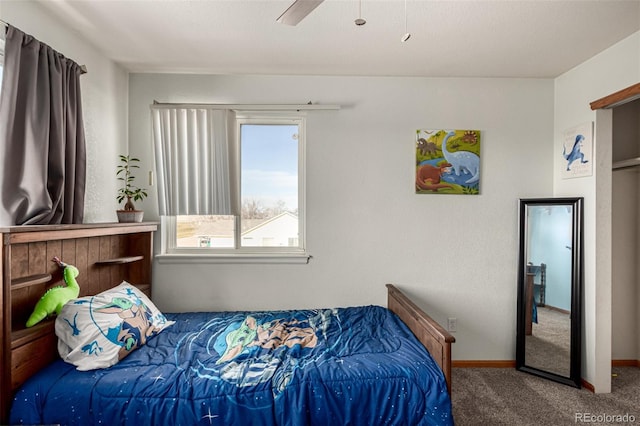 bedroom featuring carpet and ceiling fan