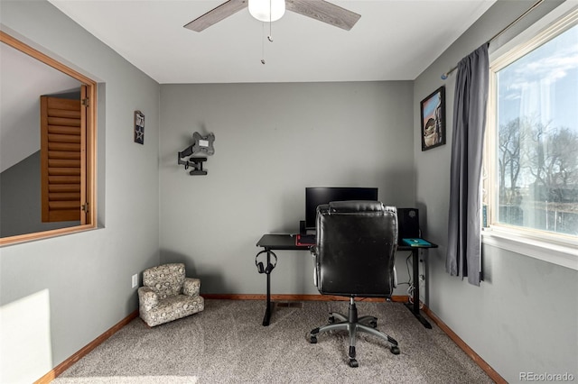 office featuring ceiling fan and carpet floors