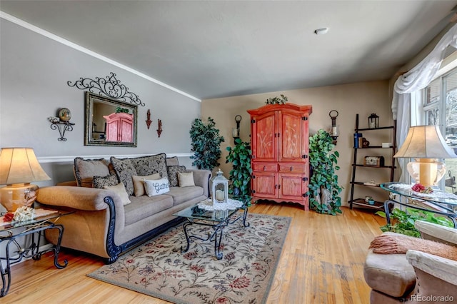 living room with light hardwood / wood-style floors and ornamental molding