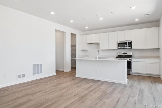 8339 Snake River St, Littleton, CO 80125 - kitchen featuring stainless steel appliances, light wood-style floors, white cabinetry, light countertops, and recessed lighting
