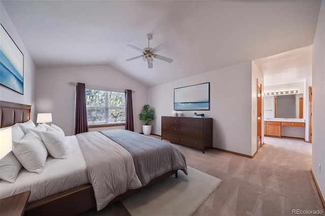 5416 S Hannibal Ct, Centennial, CO 80015 - bedroom with vaulted ceiling, light colored carpet, ensuite bath, and a ceiling fan