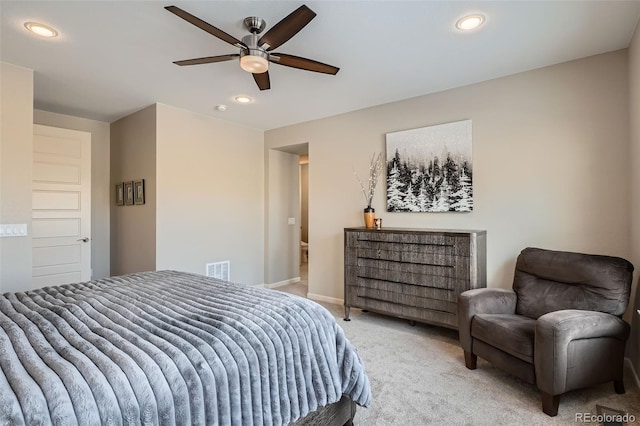 bedroom with ceiling fan, visible vents, carpet flooring, and recessed lighting