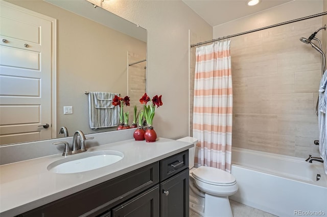 full bath with toilet, shower / tub combo with curtain, and vanity