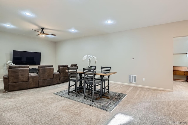 dining room with recessed lighting, light colored carpet, visible vents, ceiling fan, and baseboards