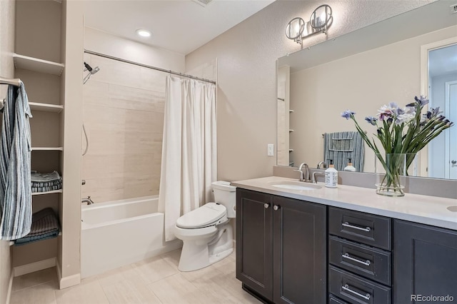 bathroom with tile patterned flooring, toilet, a sink, double vanity, and shower / bathtub combination with curtain