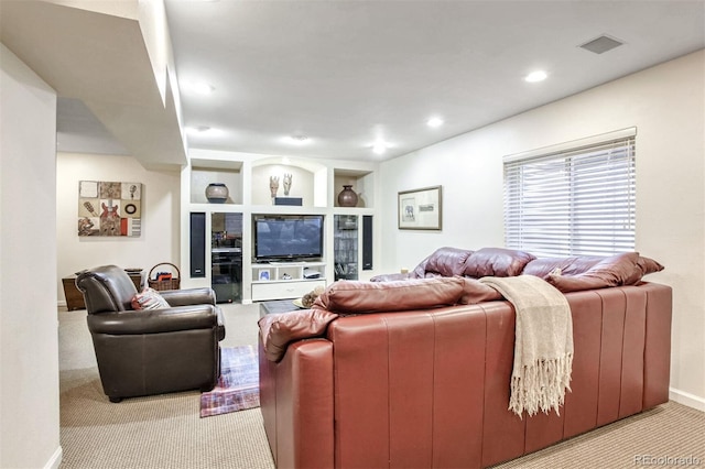 carpeted living room with built in features