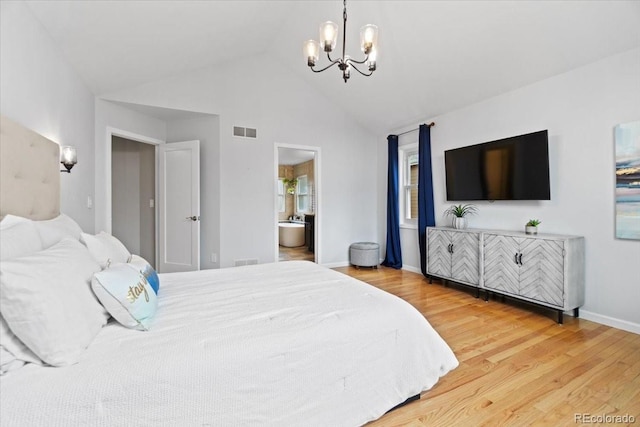 5310 S Flanders Way, Centennial, CO 80015 - bedroom featuring an inviting chandelier, ensuite bathroom, light wood-style flooring, and visible vents