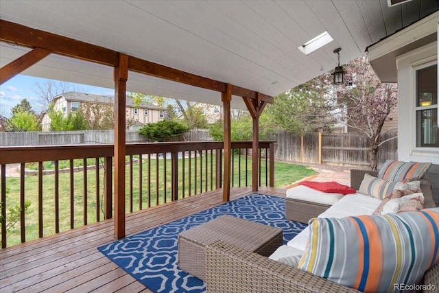 5310 S Flanders Way, Centennial, CO 80015 - wooden terrace with a lawn, an outdoor living space, and a fenced backyard