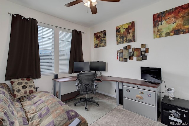 home office with light colored carpet and ceiling fan