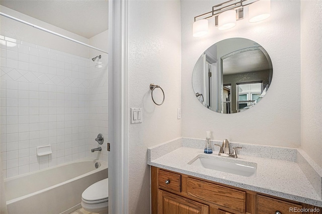 bathroom featuring shower / tub combination, visible vents, toilet, and vanity